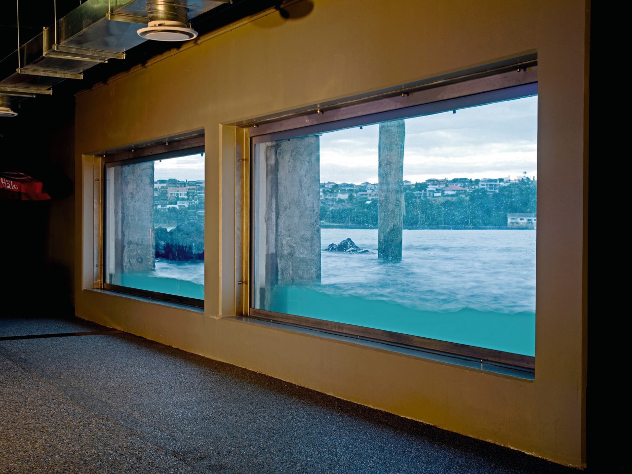 Wall with two large sea windows, looking out display device, sky, window, brown, black