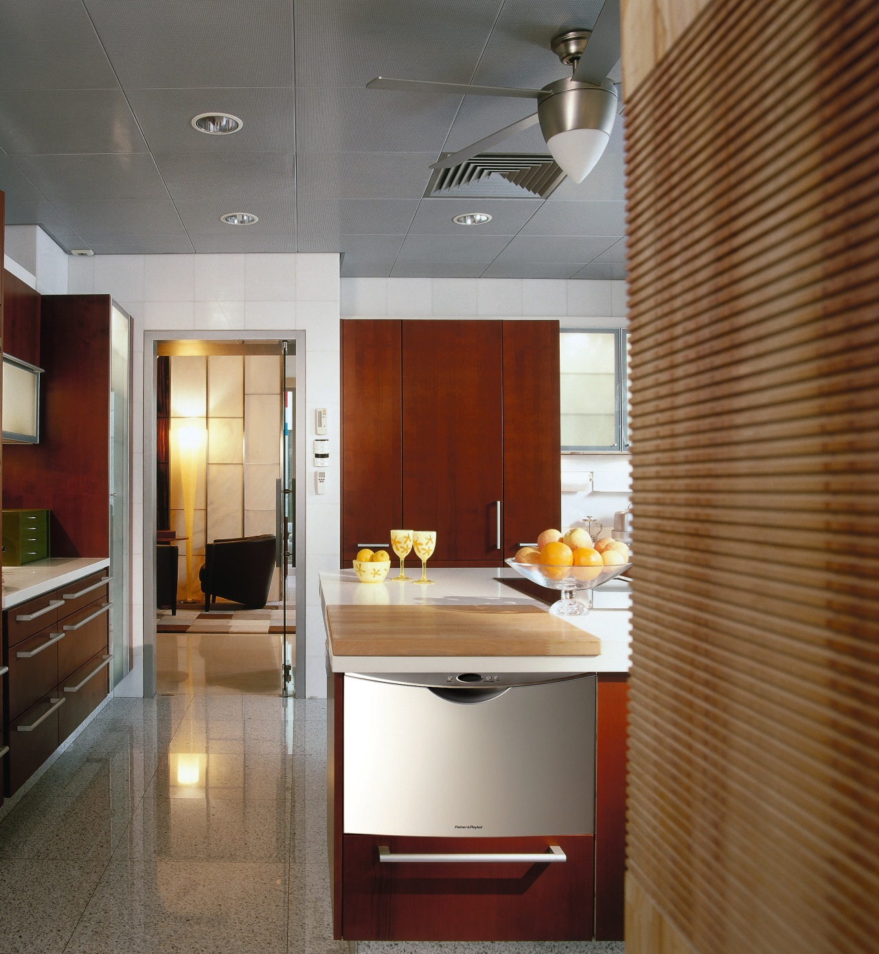 view of the kitchen featuring an iridium stainless cabinetry, ceiling, countertop, interior design, kitchen, brown, gray