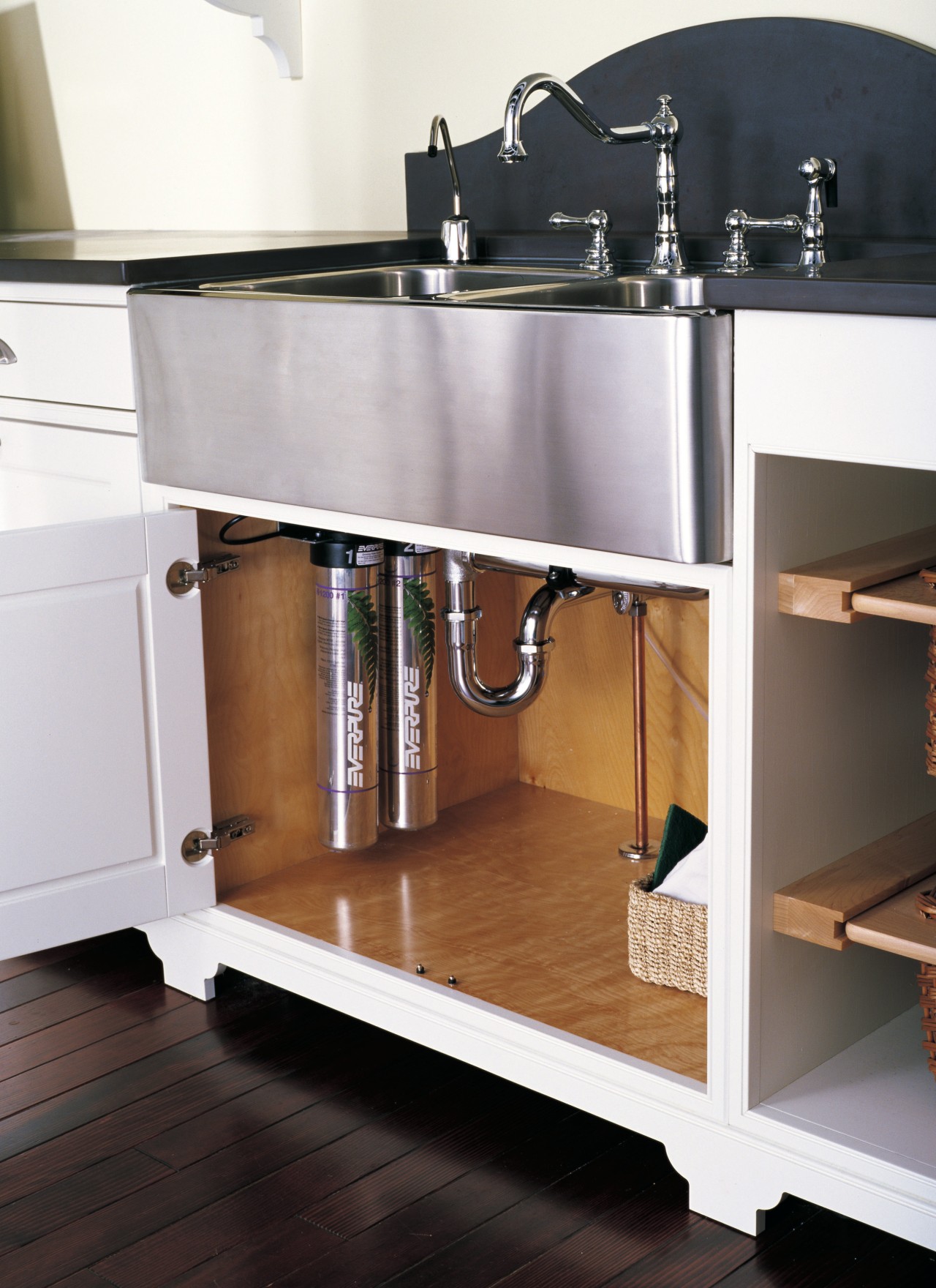 the everpure systems can be easily mounted under bathroom accessory, bathroom cabinet, cabinetry, countertop, drawer, floor, flooring, furniture, hardwood, kitchen, plumbing fixture, sink, white, black