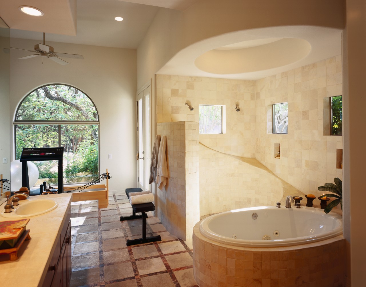 the curves of the tub, shower and low bathroom, bathtub, ceiling, estate, floor, flooring, home, interior design, real estate, room, tile, wall, brown, orange