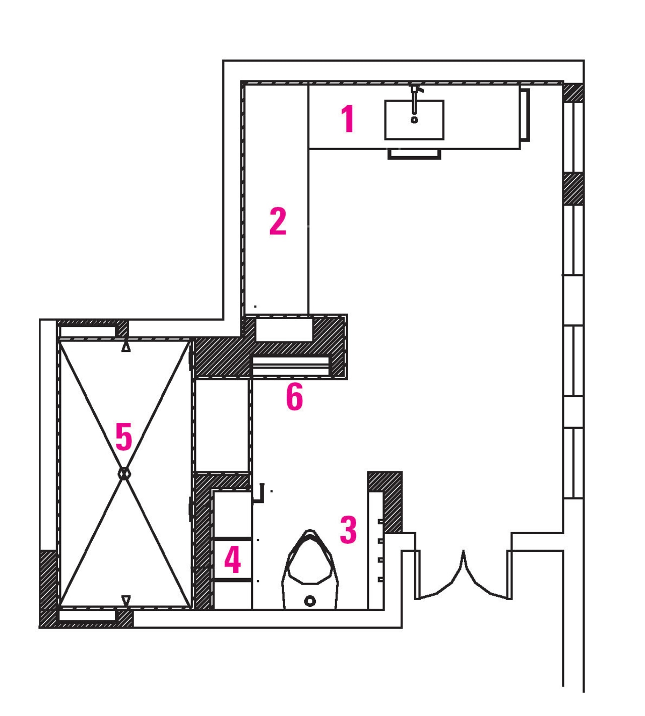 legend for plan: 1 vanity, 2bureau, 3 toilet, angle, area, design, diagram, drawing, floor plan, font, line, product, product design, square, structure, text, white