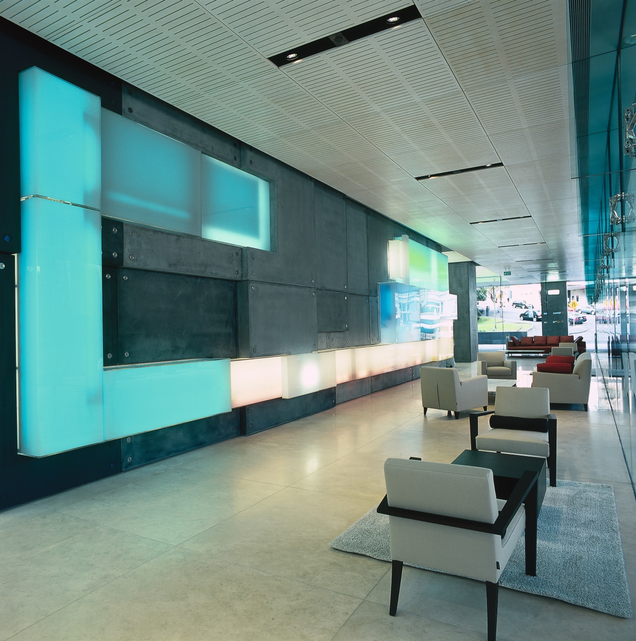 view of the artwork by jim speers that architecture, ceiling, daylighting, glass, interior design, lobby, wall, gray
