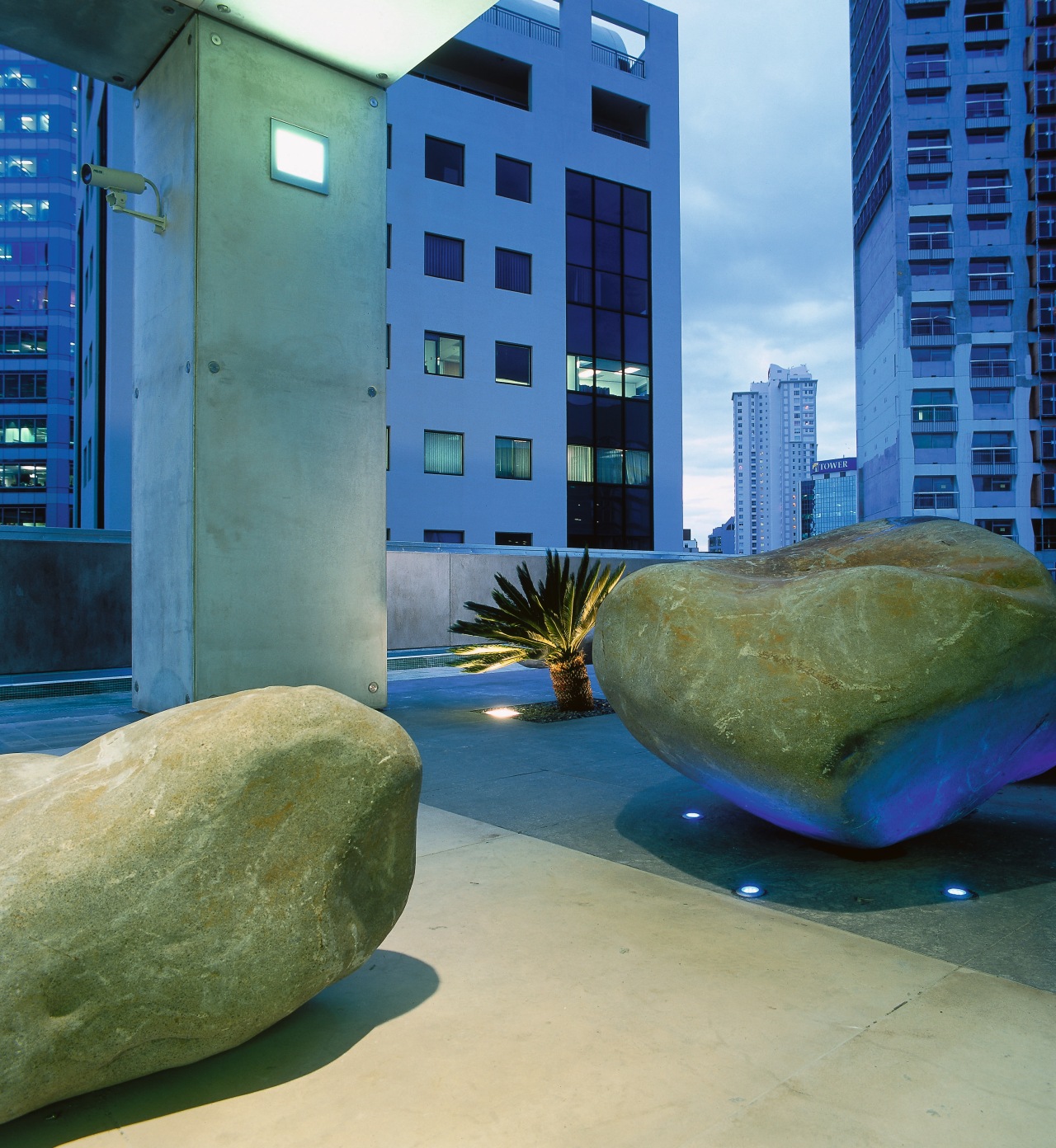 singer specified led lights to illuminate the bottom architecture, blue, condominium, sky, water, blue