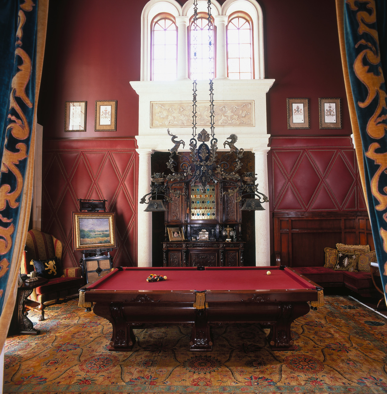 view of the large pool room that was billiard room, billiard table, chapel, english billiards, estate, furniture, home, interior design, living room, pool, recreation room, room, table, wall, black