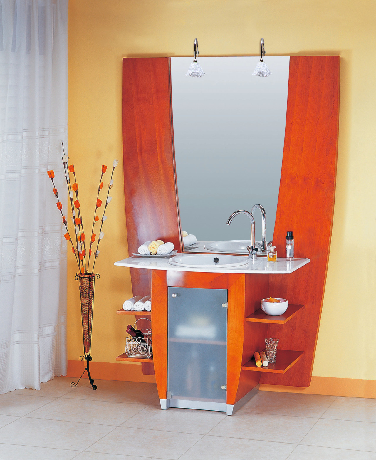 Elleti Kitchens European  inspired vanity designs utilize bathroom, bathroom accessory, bathroom cabinet, furniture, interior design, orange, plumbing fixture, room, sink, table, gray, orange