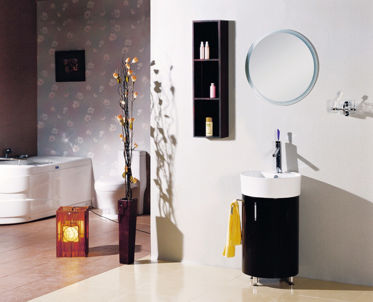 this circular winge vanity, with built in sink bathroom, bathroom accessory, bathroom cabinet, ceramic, interior design, plumbing fixture, product design, room, sink, tap, white