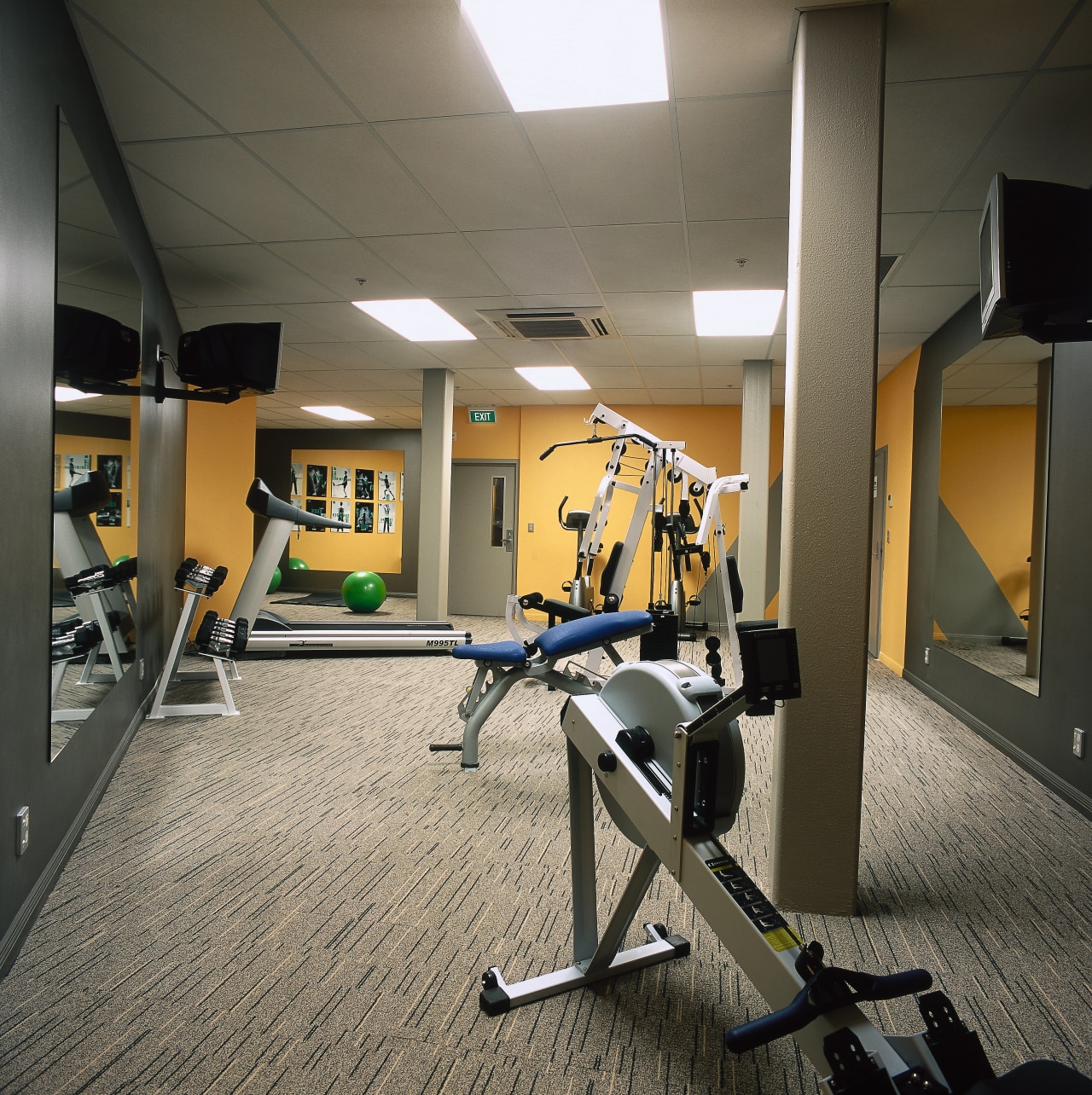 A view of the equipment used in the exercise machine, gym, room, structure, gray, black