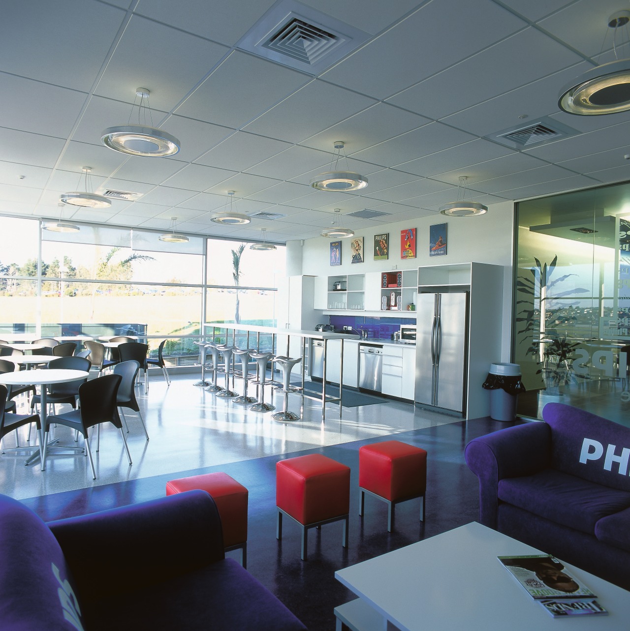 A view of the various interior designs created cafeteria, ceiling, interior design, office, restaurant, gray