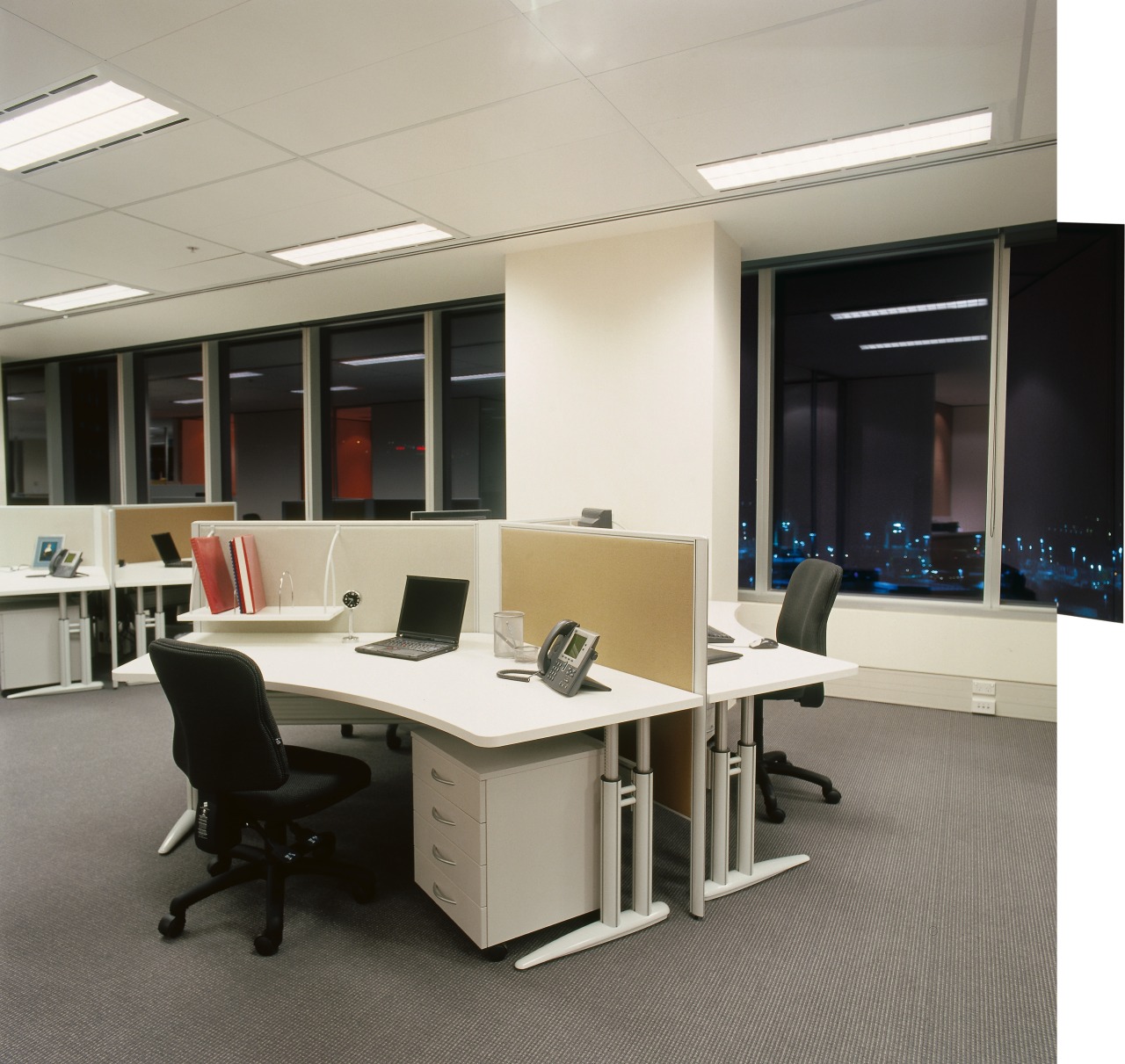 A view of the various workspaces created by desk, furniture, office, product design, gray