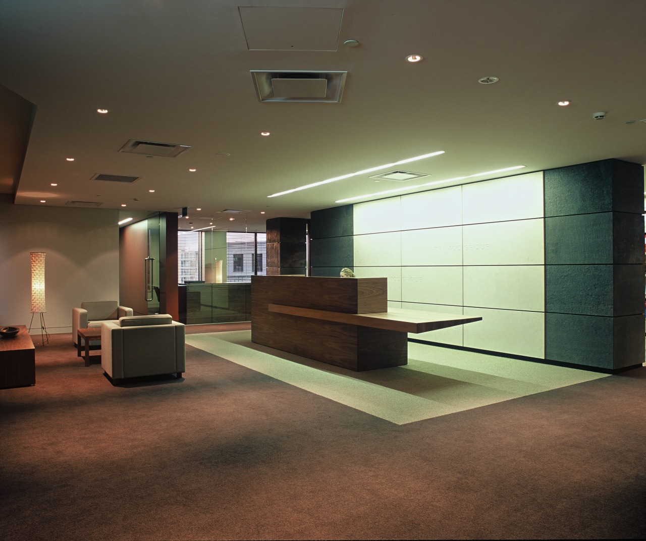 A view of the various interior layouts created architecture, ceiling, daylighting, floor, flooring, glass, interior design, lobby, office, brown, black