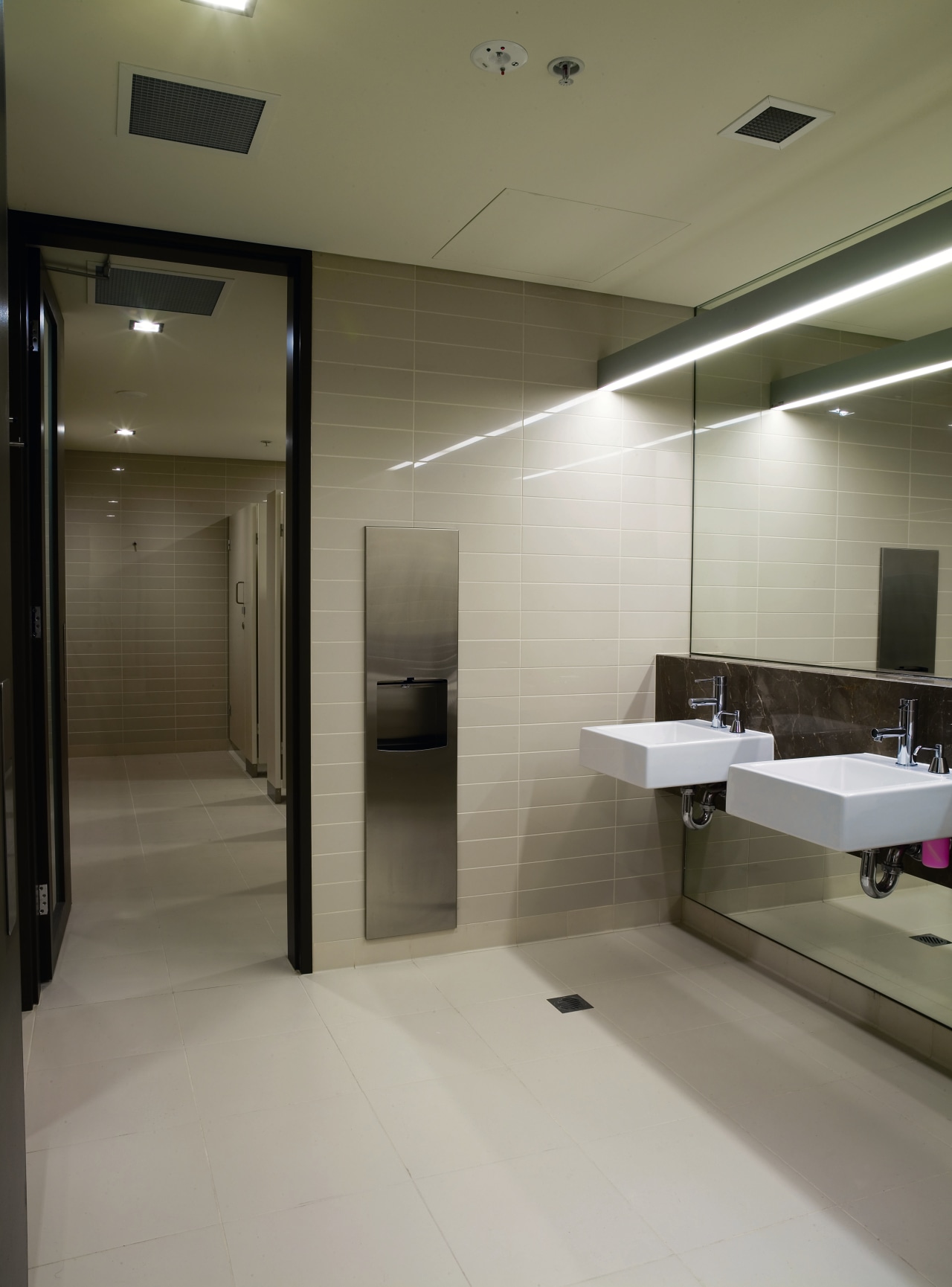 A view of the plumbing done in some architecture, bathroom, ceiling, floor, flooring, glass, interior design, tile, gray, brown