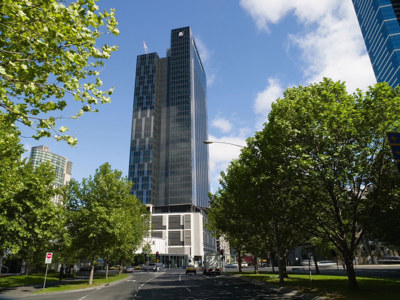 An exterior view of the Freshwater building. architecture, building, city, commercial building, condominium, corporate headquarters, daytime, downtown, headquarters, landmark, metropolis, metropolitan area, mixed use, neighbourhood, plaza, real estate, sky, skyline, skyscraper, tower, tower block, tree, urban area, brown
