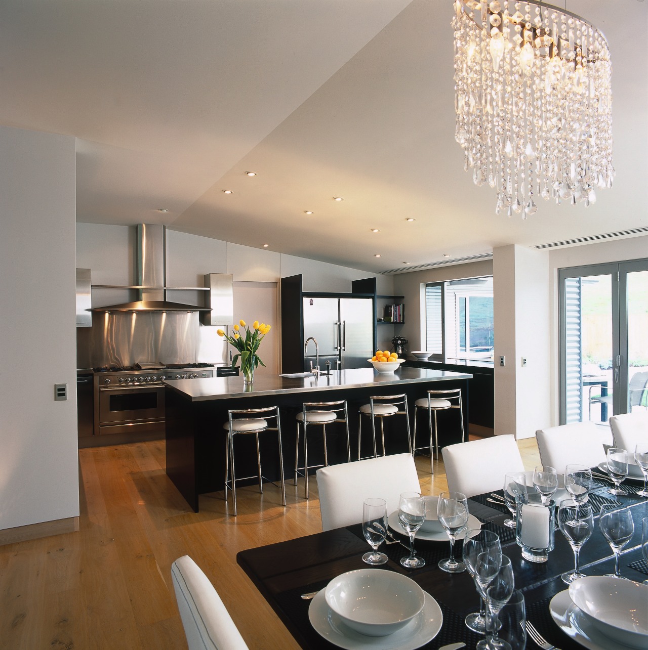 view of the open plan kitchen and dining ceiling, countertop, dining room, interior design, kitchen, real estate, gray