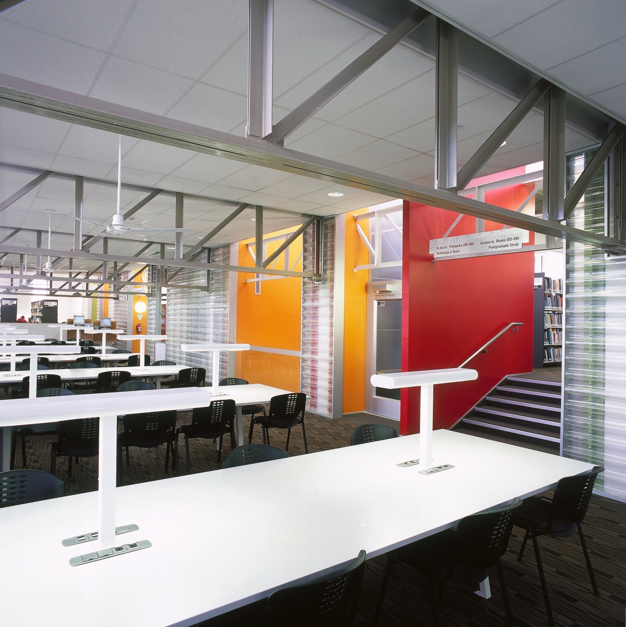 A view of the work stations. ceiling, interior design, white, gray