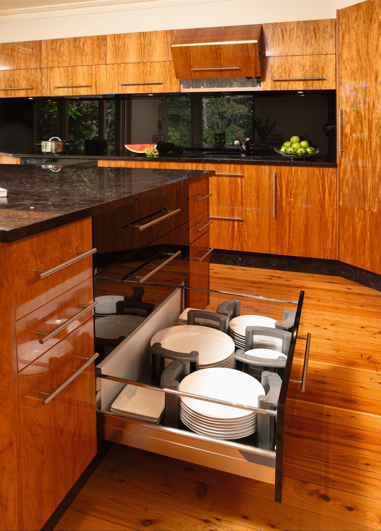 Kitchen with timber veneer cabinetry, black granite benchtops, cabinetry, countertop, cuisine classique, floor, flooring, furniture, hardwood, interior design, kitchen, room, wood, wood flooring, wood stain, brown