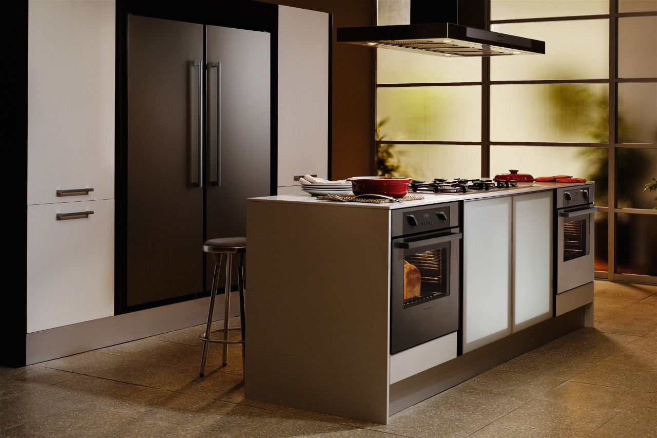 Examples of the new Fisher &amp; Paykel technology cabinetry, countertop, home appliance, interior design, kitchen, brown, gray