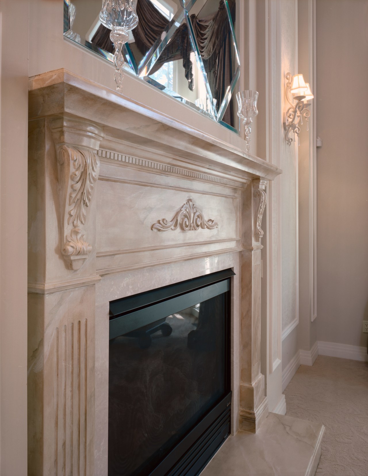 Fireplace with marble mantel and surround. fireplace, furniture, hearth, molding, gray