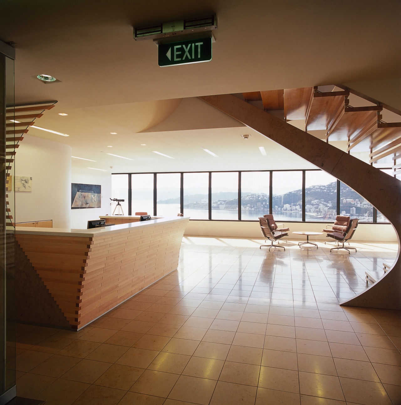 A view of the reception area, wooden deck architecture, ceiling, daylighting, floor, flooring, interior design, lobby, real estate, brown