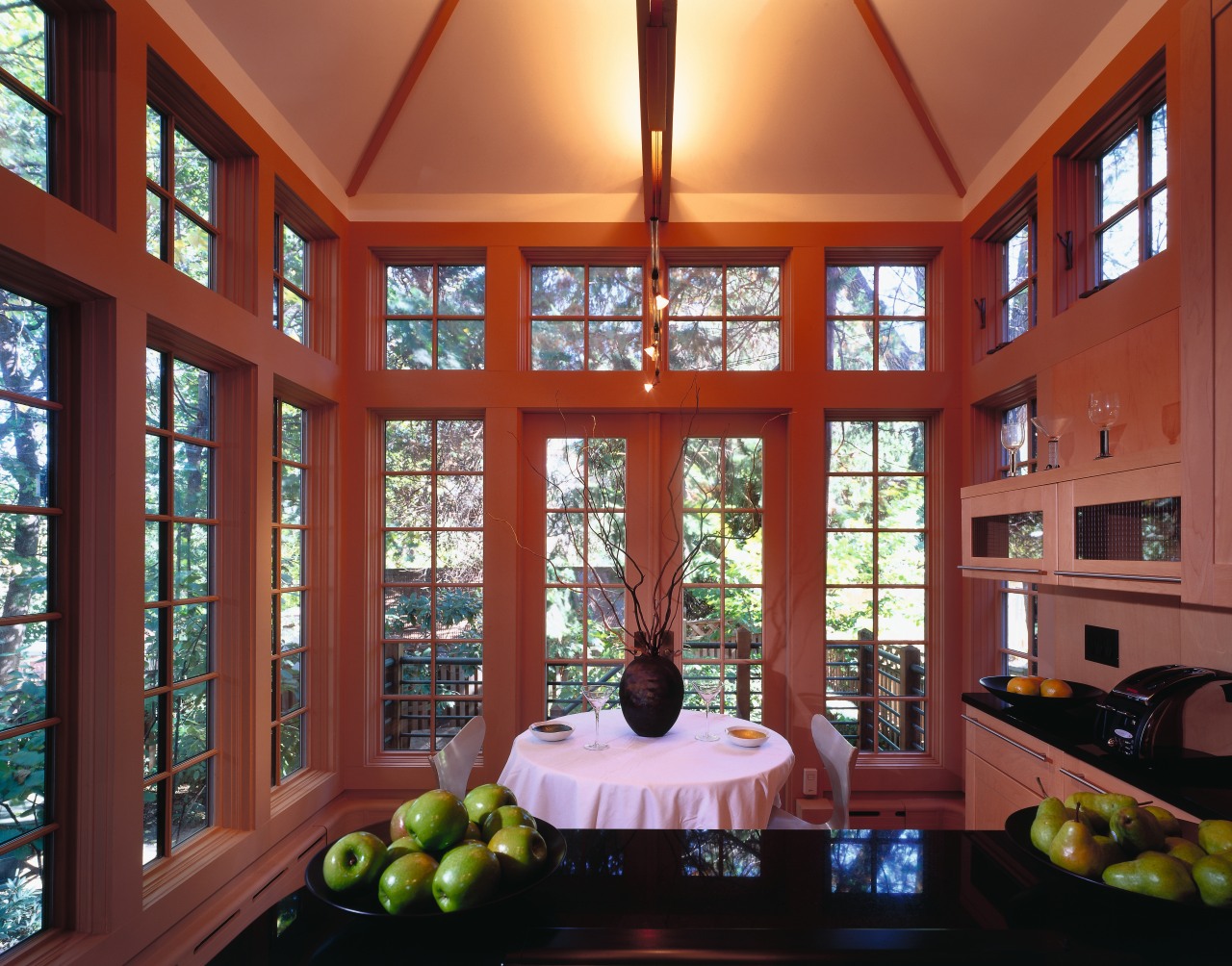 A view of the kitchen and dining areas, ceiling, daylighting, dining room, estate, home, house, interior design, living room, real estate, room, window, red