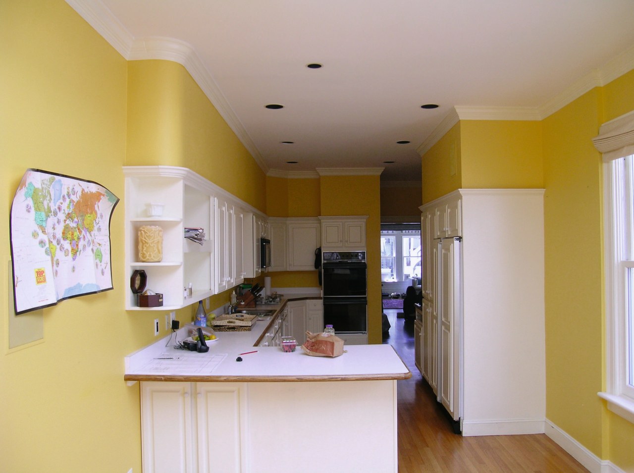 before shots of this narrow kitchen that is ceiling, countertop, daylighting, floor, home, house, interior design, kitchen, living room, real estate, room, window, gray