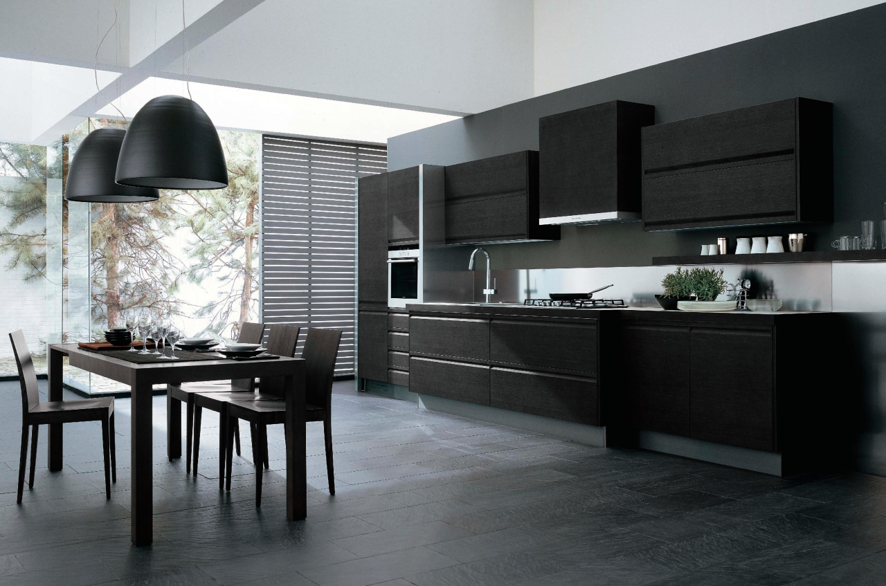 Kitchen and dining area with dark gray cabinetry, countertop, cuisine classique, floor, flooring, interior design, kitchen, tile, black, gray