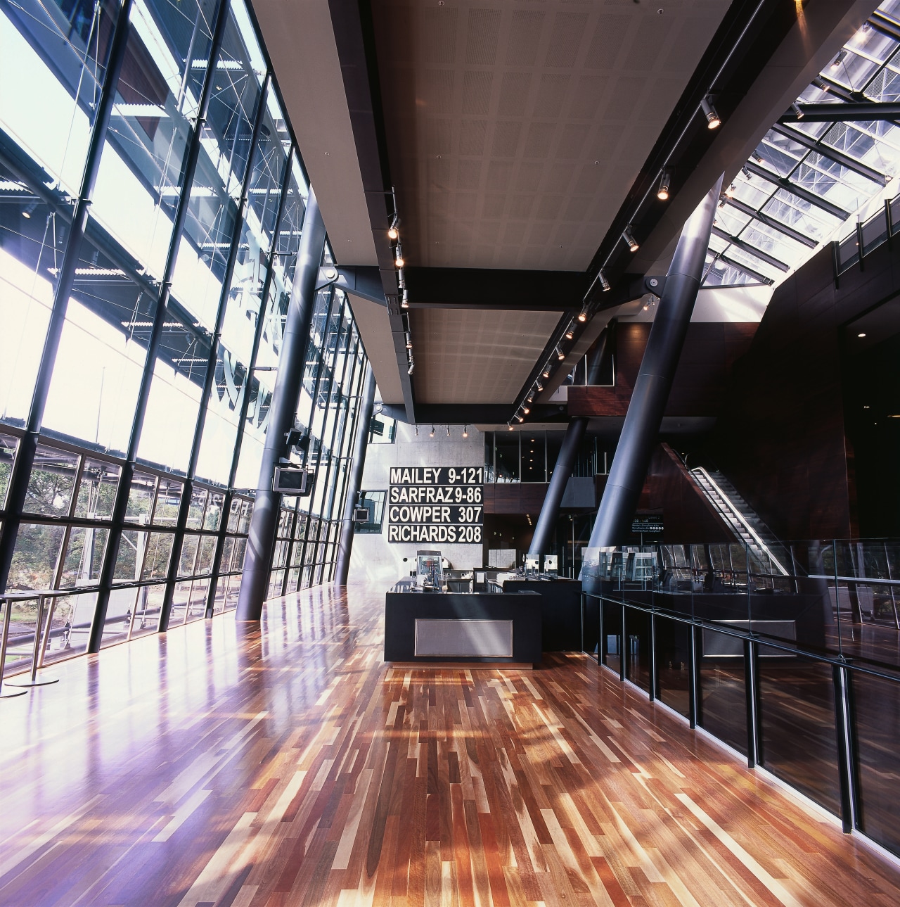 Atrium bistro area with extensive glazing and solid architecture, building, ceiling, daylighting, interior design, lobby, performing arts center, structure, tourist attraction, wood, black