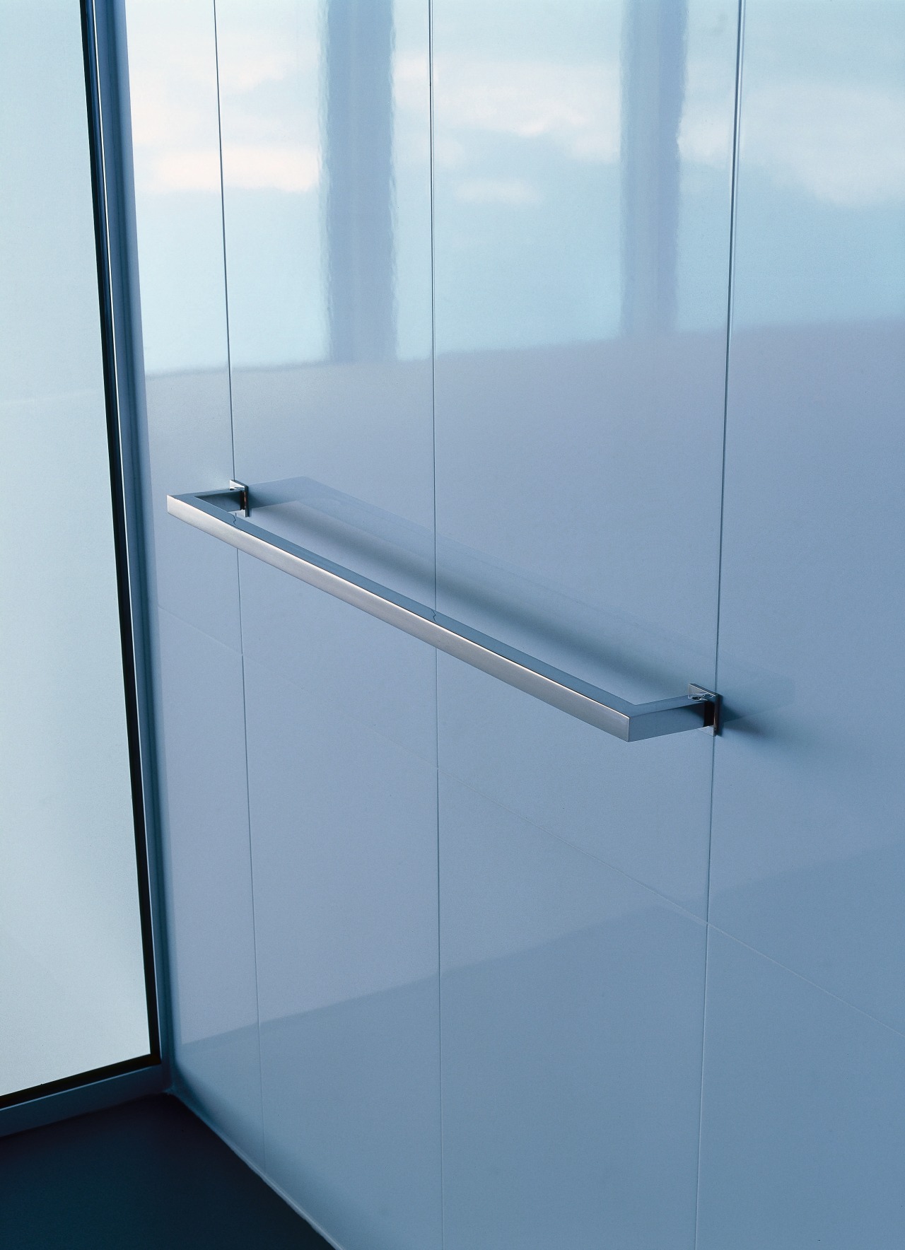 View of stainless steel towel rail. angle, glass, line, product design, sky, teal, white