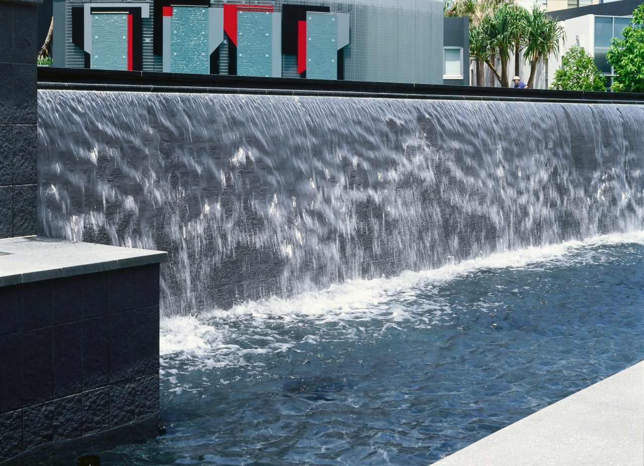 Pool with waterfall feature, natural granite and porcelain reflection, river, water, water feature, water resources, watercourse, gray