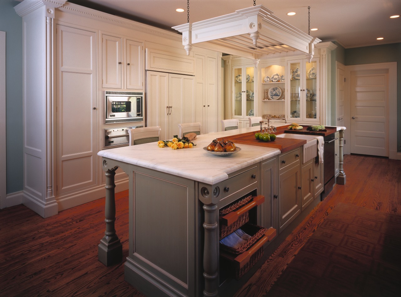 View of kitchen with furniture style cabinets, large cabinetry, countertop, cuisine classique, floor, flooring, hardwood, interior design, kitchen, room, wood flooring, black, gray