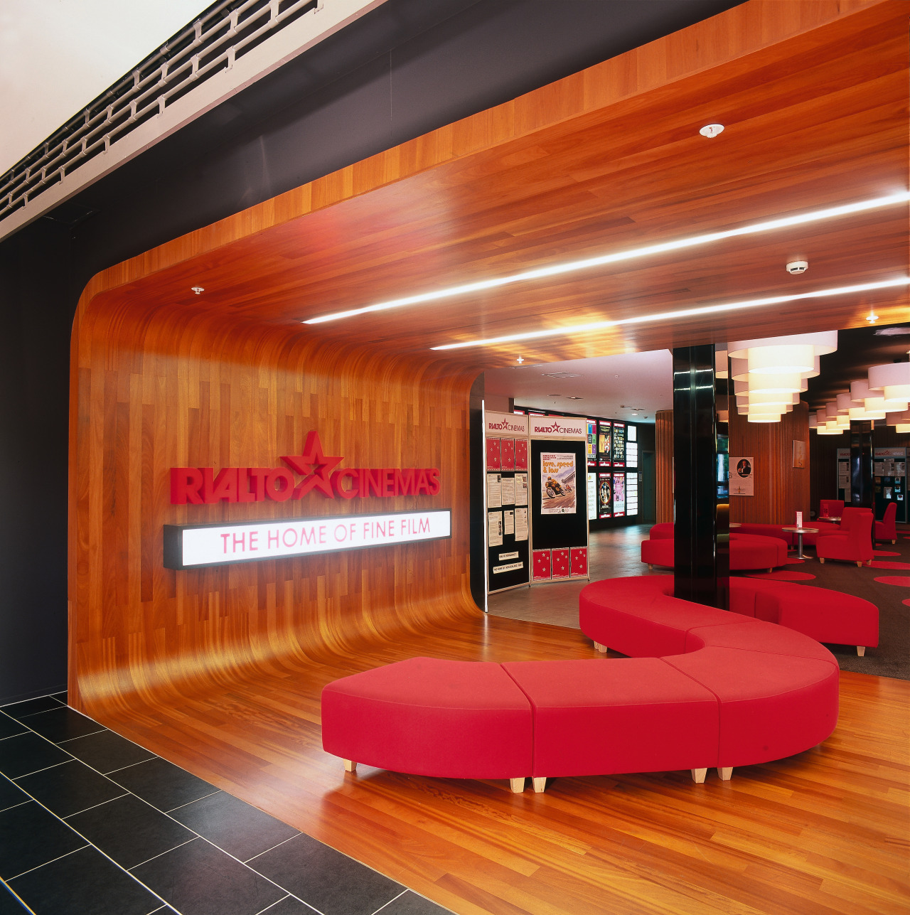 Rialto Cinema lobby with wood panelling and flooring, architecture, ceiling, flooring, interior design, lobby, wood, red