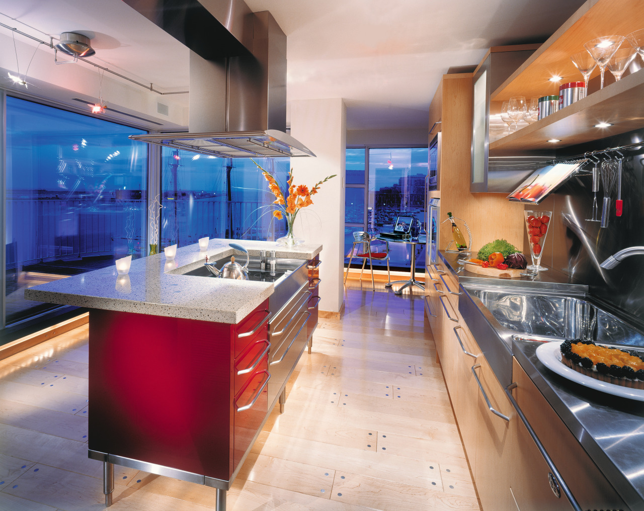 Modern kitchen with red island, timber cabinetry, stainless countertop, interior design, kitchen, gray