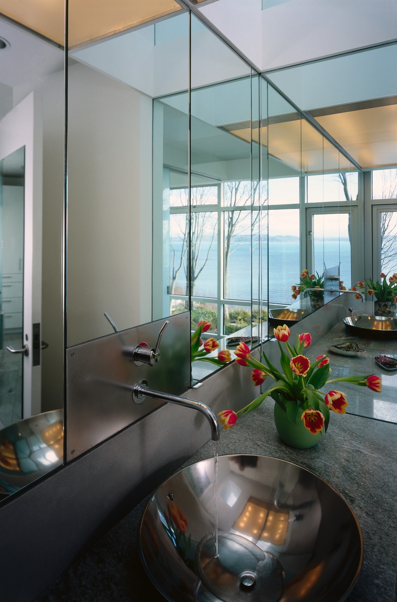 view of this basin in white bronze that architecture, glass, interior design, window, gray, black