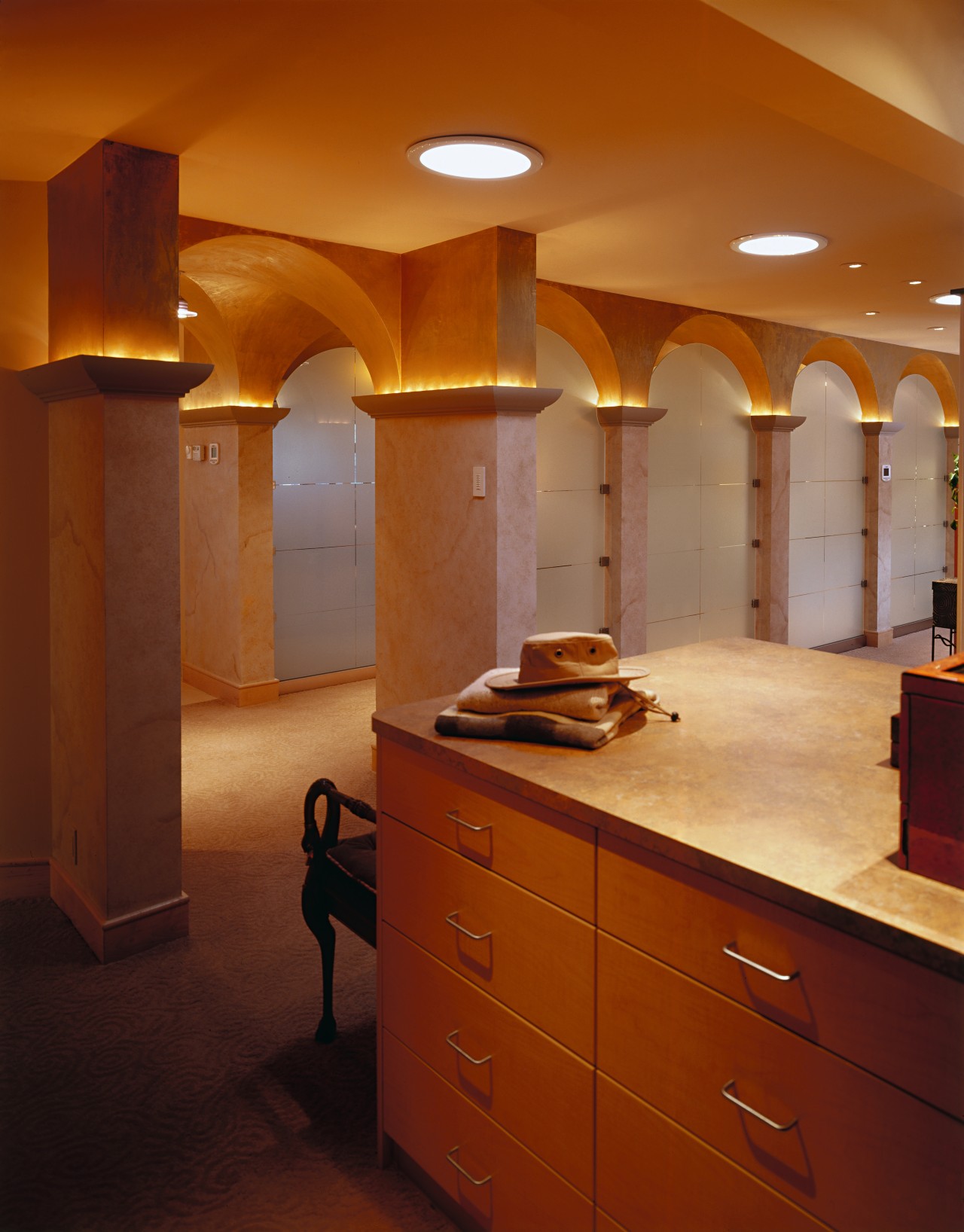 view of the column arches in the central architecture, bathroom, cabinetry, ceiling, countertop, floor, flooring, furniture, home, interior design, kitchen, light fixture, lighting, lobby, room, wall, brown