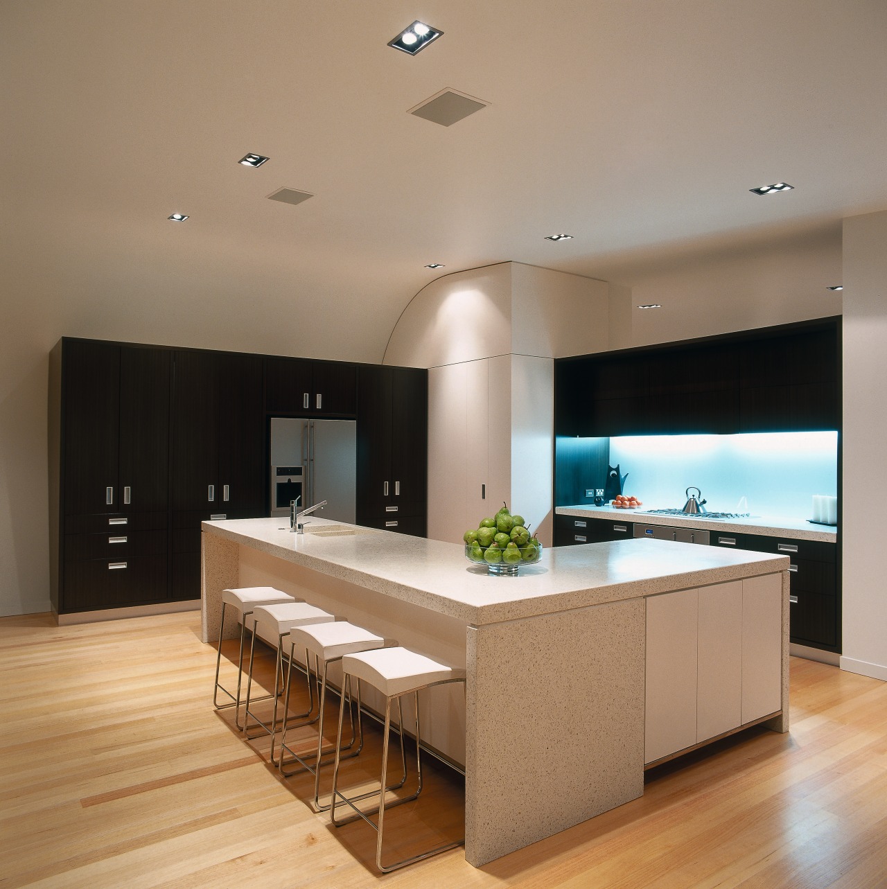 A view of the kitchen area, wooden cabinetry ceiling, countertop, floor, flooring, hardwood, interior design, kitchen, living room, room, wood flooring, brown