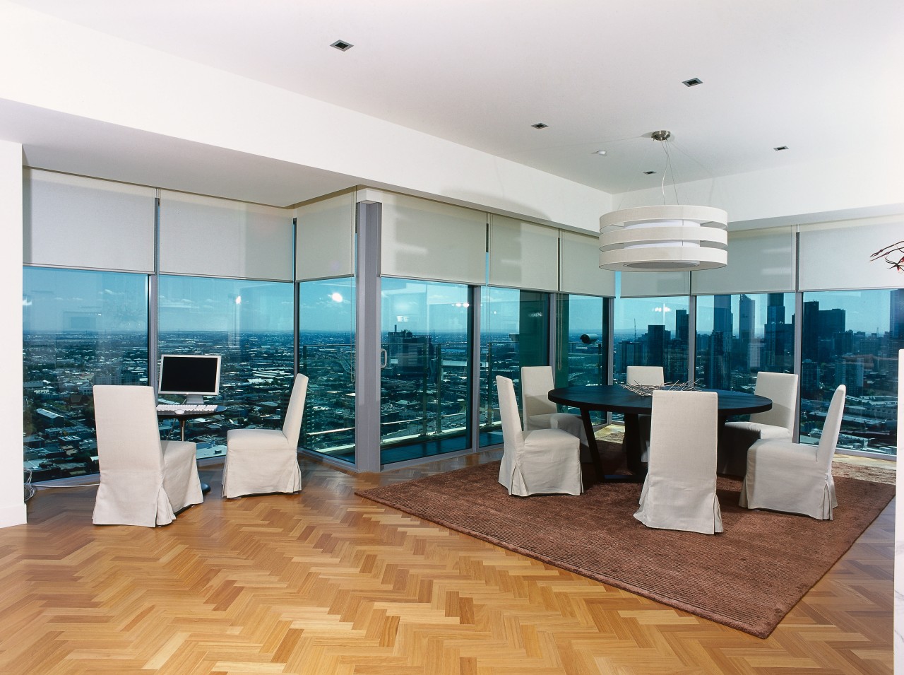 A view of window screens by Helioscreen. ceiling, floor, flooring, interior design, living room, real estate, wall, white