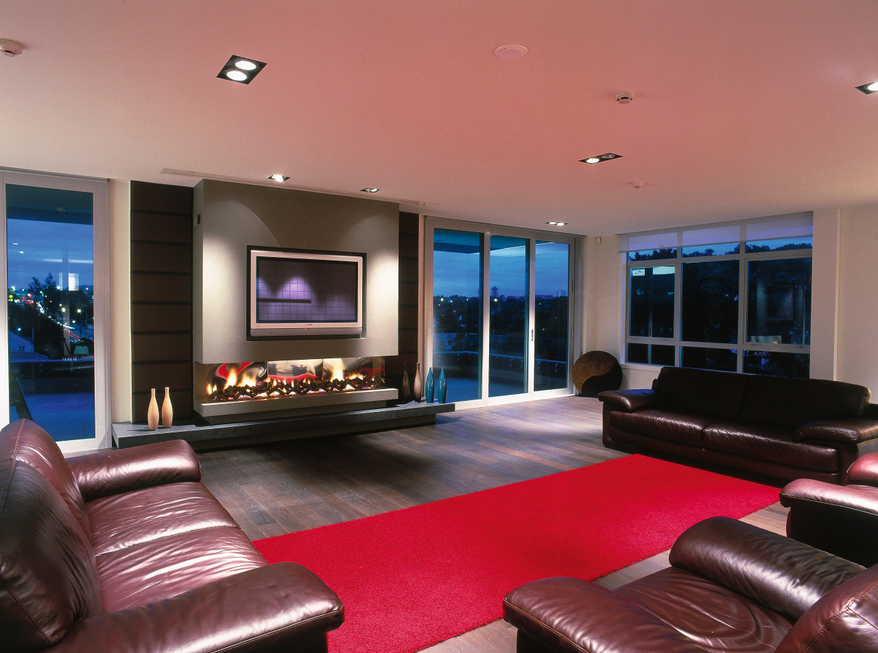 Lounge room with large gas fireplace with vases ceiling, home, interior design, living room, property, real estate, room, red, black