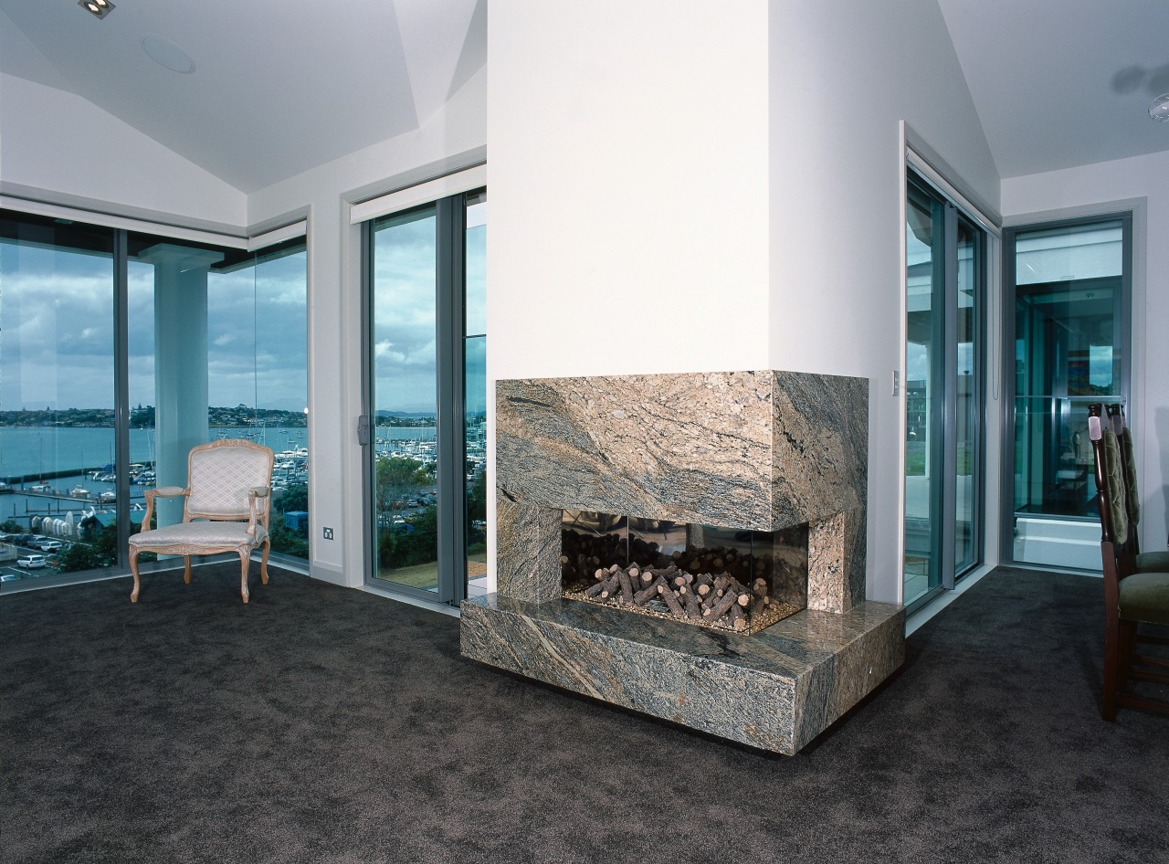 Gas fireplace with large stone hearth and surround, architecture, estate, fireplace, floor, flooring, home, house, interior design, living room, real estate, window, gray, black