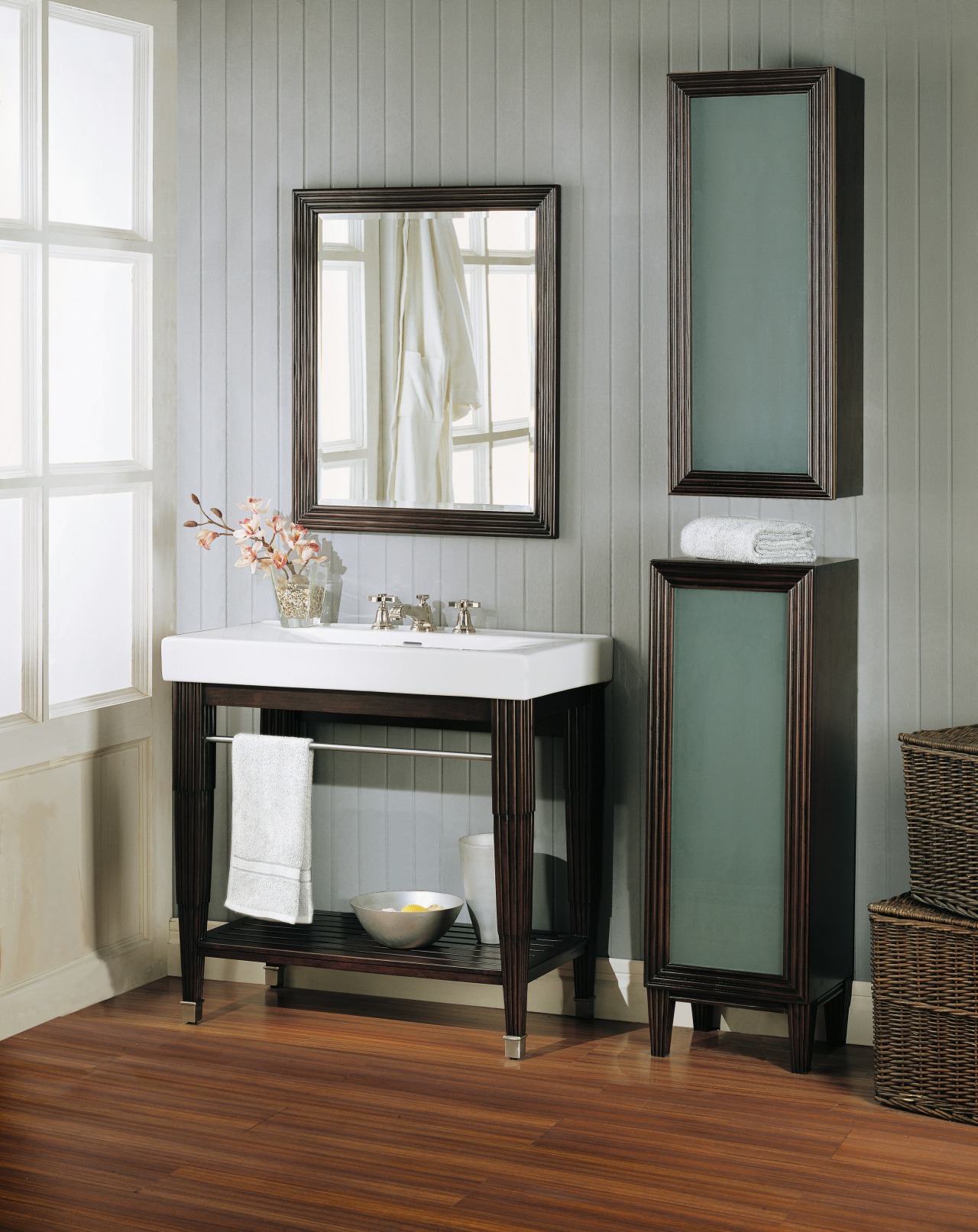 view of the designer bathroomware from fairmont design, bathroom accessory, bathroom cabinet, chest of drawers, floor, furniture, hardwood, interior design, shelf, shelving, table, window, gray