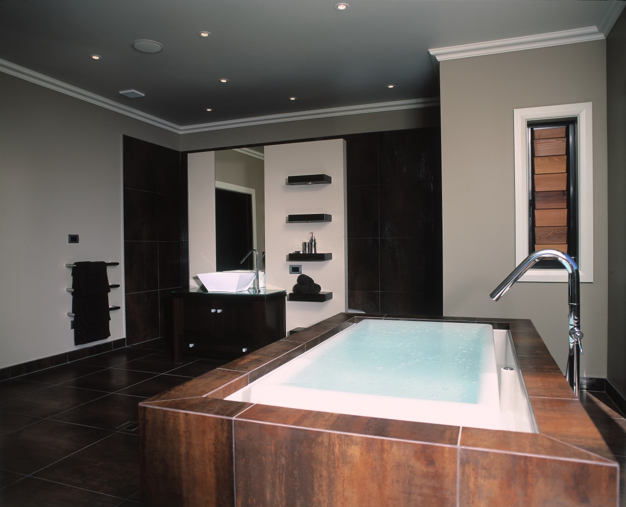 Large bathroom with sok bath with tiled exterior bathroom, ceiling, estate, floor, flooring, interior design, property, real estate, room, black, gray