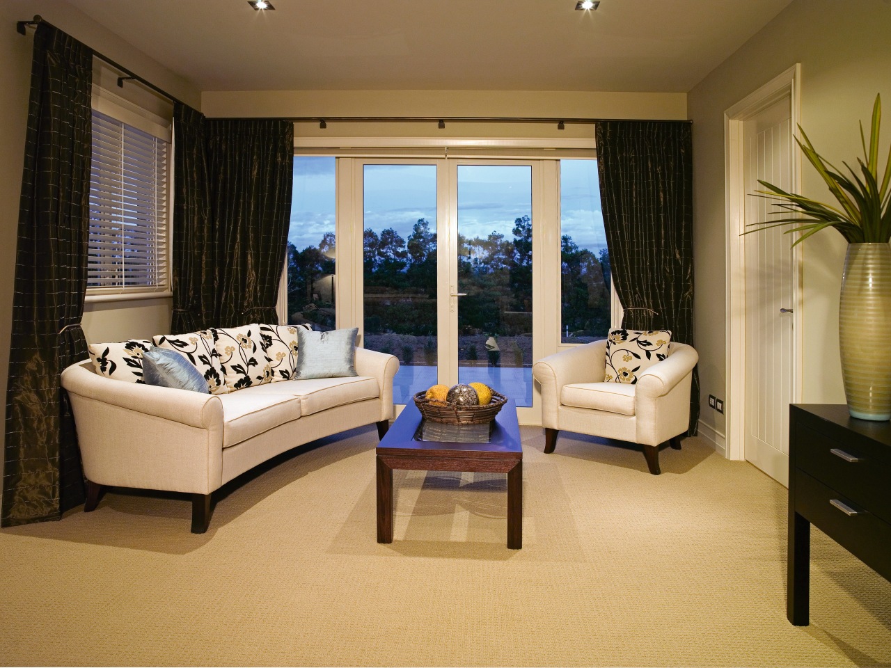 Lounge room with natural coloured carpet, cream sofa floor, home, interior design, living room, real estate, room, suite, window, window treatment, orange, brown