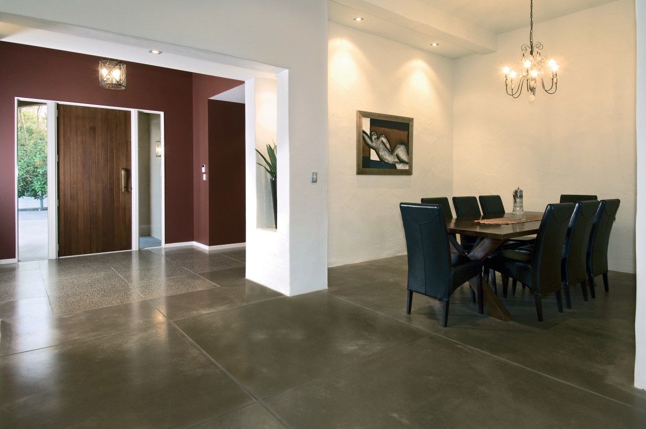 Open plan entranceway and dining area of home dining room, door, floor, flooring, hardwood, interior design, laminate flooring, lobby, property, real estate, room, table, tile, wall, wood, wood flooring, brown, gray