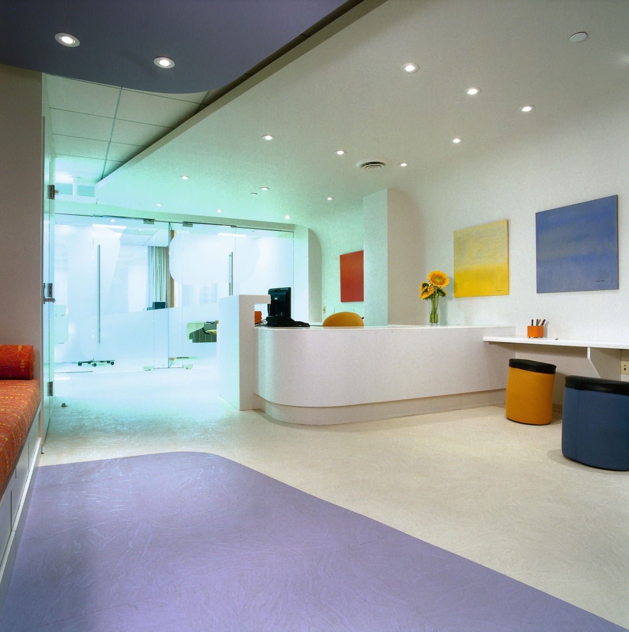 A view of the reception area, white walls, architecture, ceiling, floor, flooring, glass, interior design, lobby, real estate, wall, gray