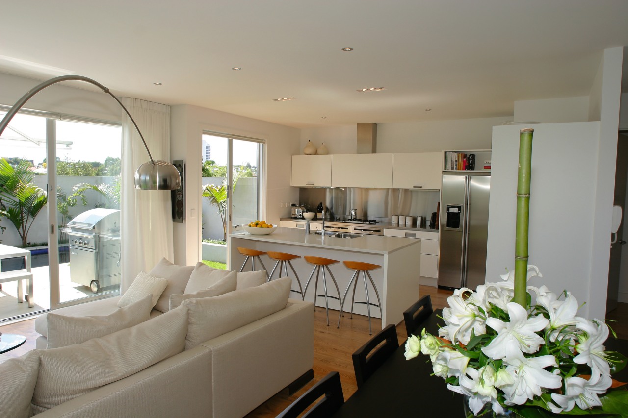 View of open plan kitchen and family living home, house, interior design, living room, property, real estate, room, gray