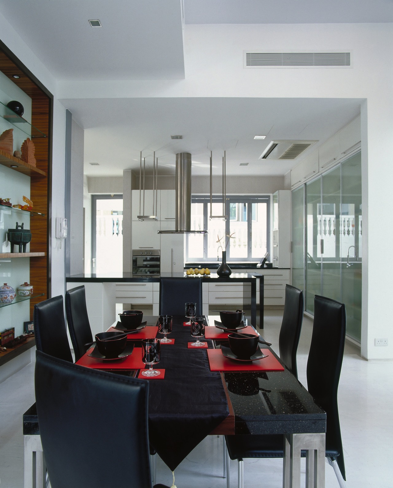 A view of the kitchen from the dining ceiling, dining room, furniture, interior design, living room, room, table, gray, black