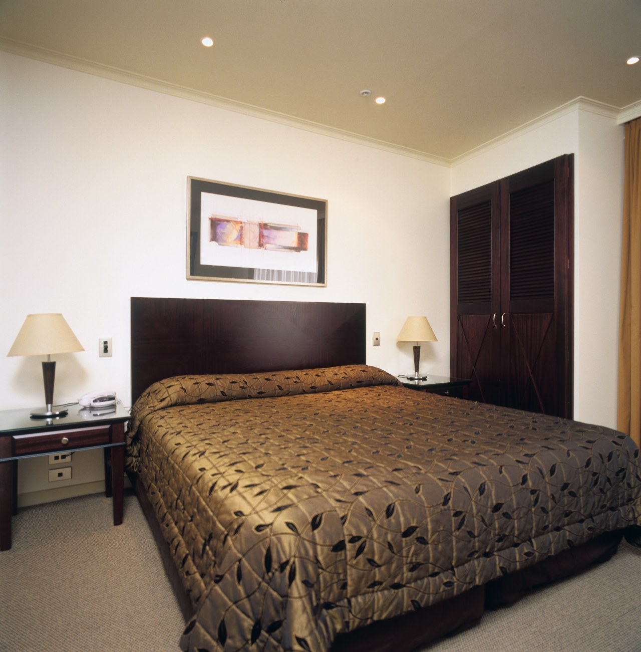 Hotel bedroom with timber headboard, side table and bed frame, bedroom, ceiling, interior design, real estate, room, suite, wall, white, brown