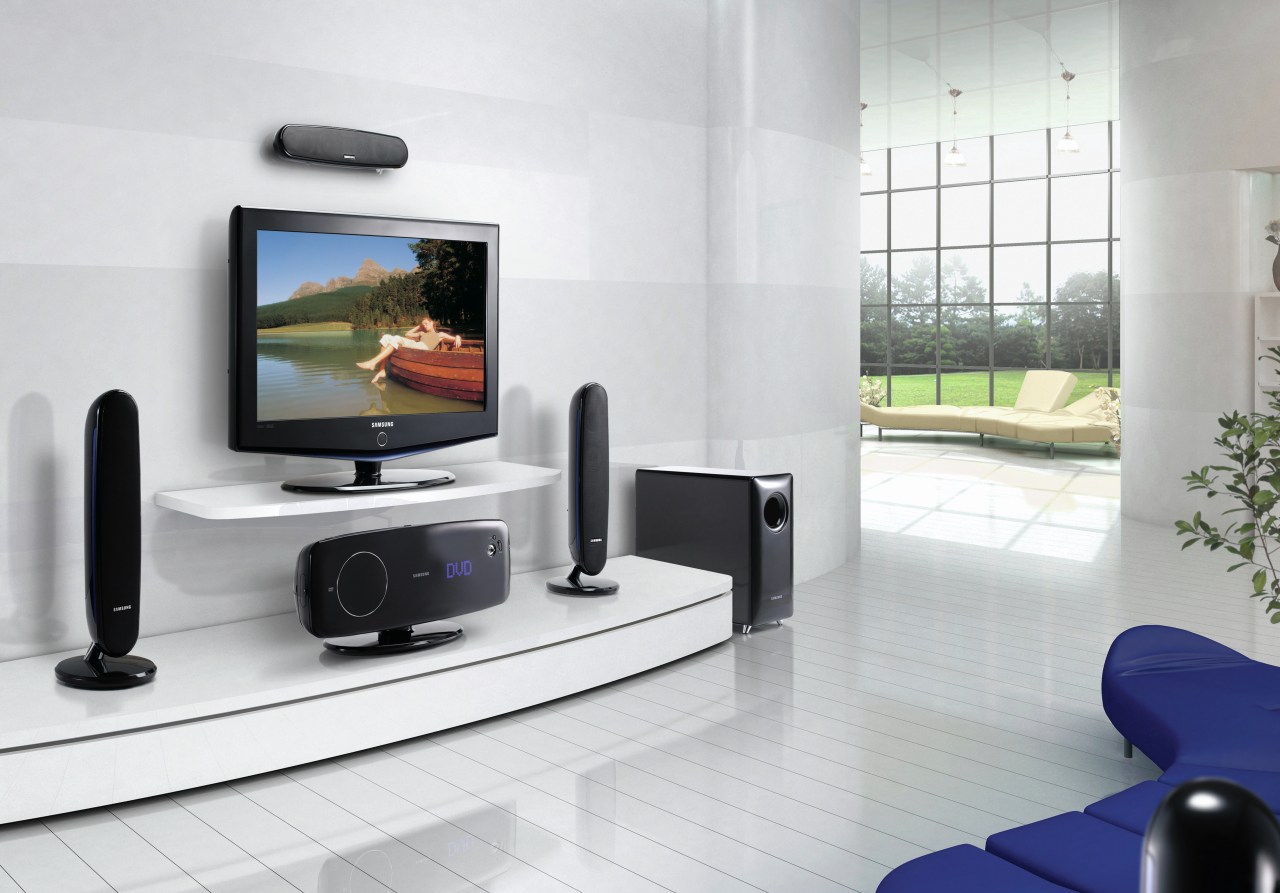 Lounge room with white walls and flooring, and electronics, interior design, multimedia, product, product design, technology, white