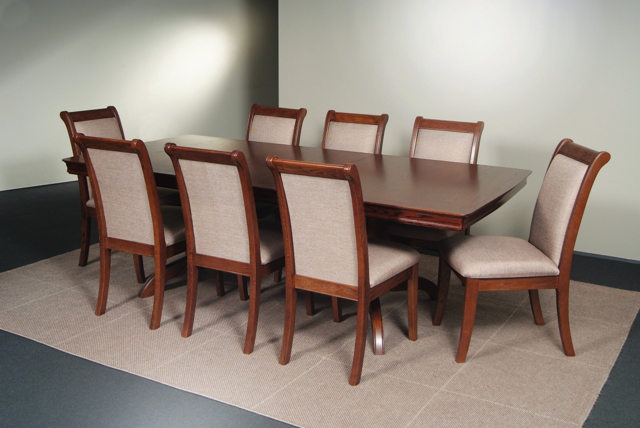 Dining suite with oak finish and cream upholstery. chair, dining room, furniture, product design, table, wood, gray