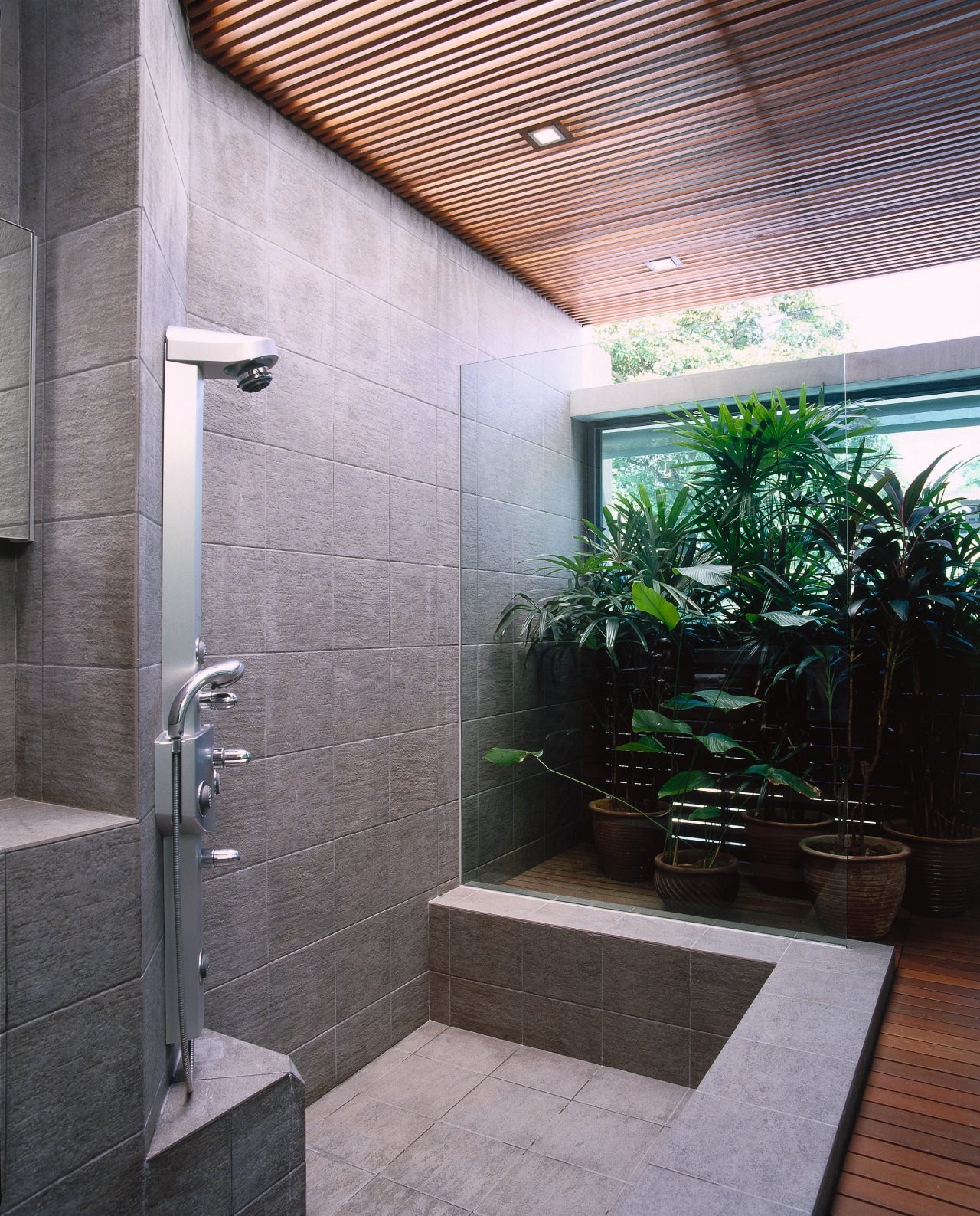 view of this bathroom that has a natural architecture, bathroom, interior design, real estate, gray, black