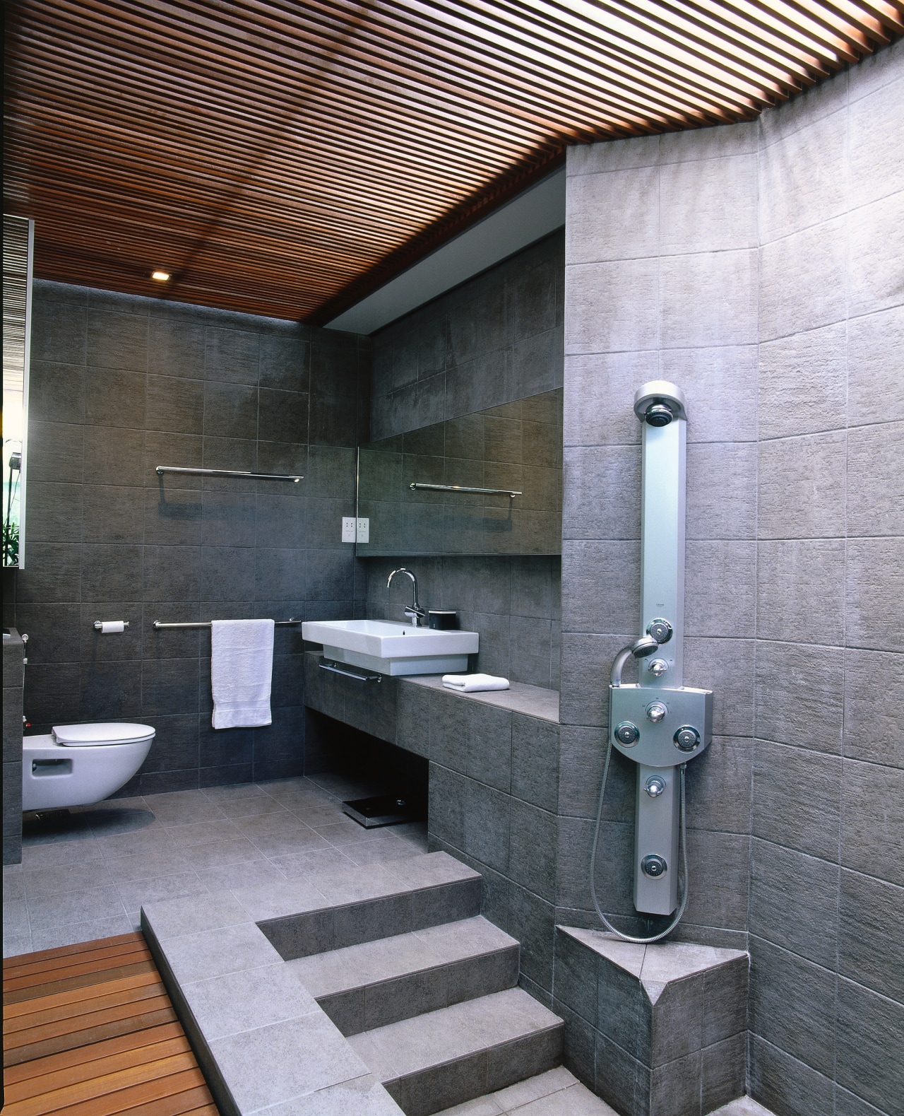 view of this bathroom that has a natural architecture, bathroom, interior design, public toilet, room, gray, black