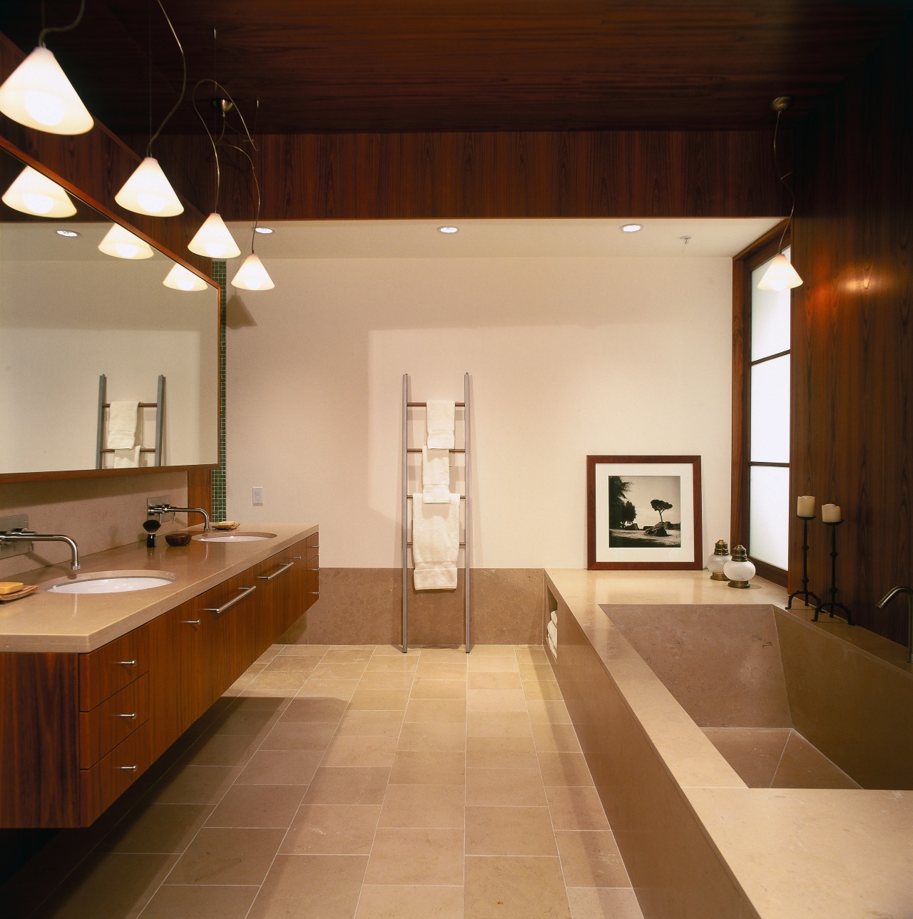 view of the bathroom featuring teak veneer vanity architecture, bathroom, ceiling, countertop, daylighting, floor, flooring, home, house, interior design, real estate, room, sink, orange, brown